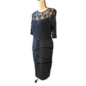 rickie freeman Navy Dress Lace Teri Jon Bateau 3/4 Sleeve Beading Ruffle Large